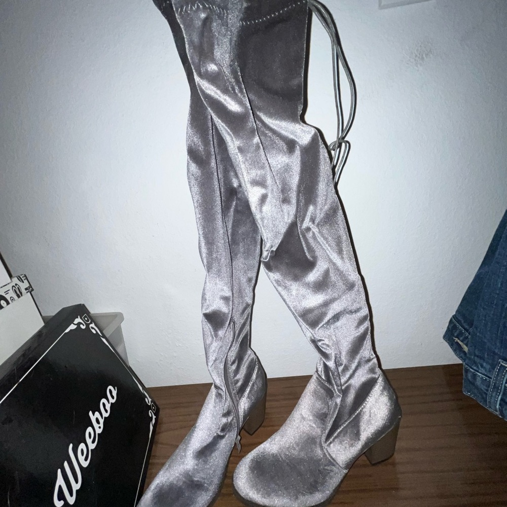 Gray thigh high boots
